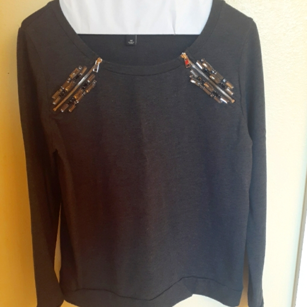 Ann Taylor Women's M Charcoal Gray Side Neck Zip Beaded Jeweled Sweatshirt